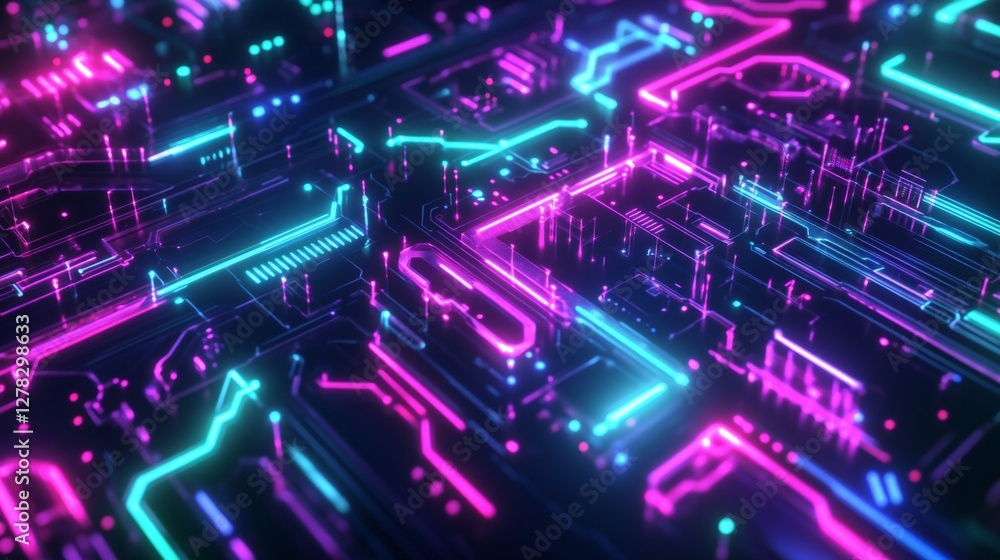 Poster vibrant neon gaming background with angular shapes and glowing circuit patterns in electric colors
