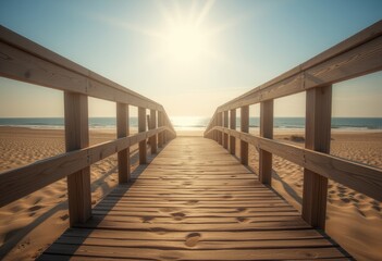 Scenic wooden boardwalk leading to a sandy beach under a bright sun with footprints in the sand and serene ocean waves in the background, ideal for tranquil coastal and beach-themed designs