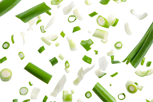 Floating pieces of chopped green onions on a transparent background. Image shows various sizes and shapes of onion pieces, PNG - Powered by Adobe