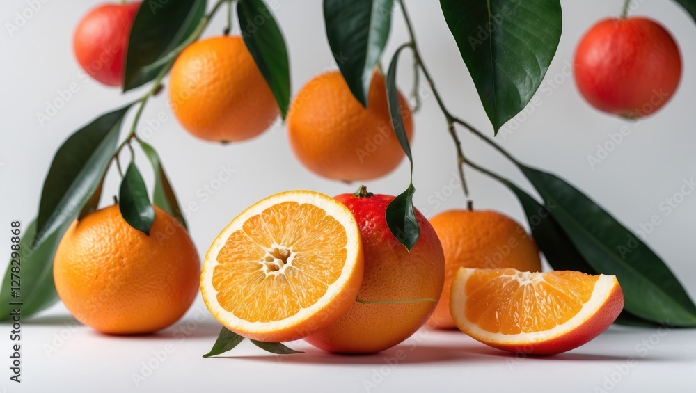 Poster vibrant fresh oranges and sliced segments on a white background with lush green leaves displaying ju