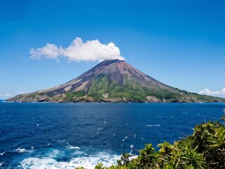 Volcanic Island with Erupting Volcano and Blue Ocean