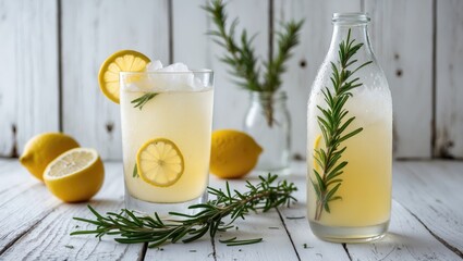 Refreshing homemade lemonade with rosemary served in a glass and bottle on a rustic white wooden background garnished with lemon slices.