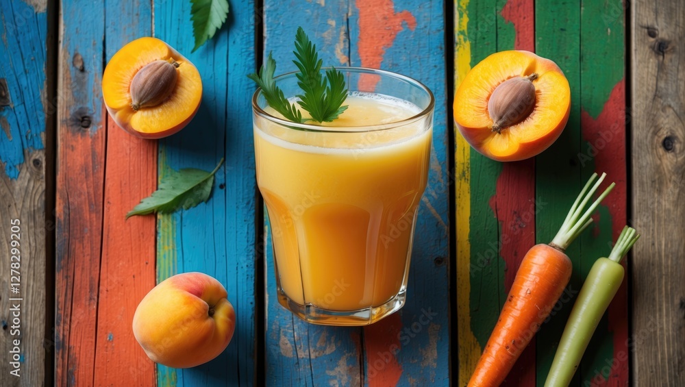 Poster refreshing apricot and carrot juice in glass surrounded by fresh fruits and vegetables on colorful w