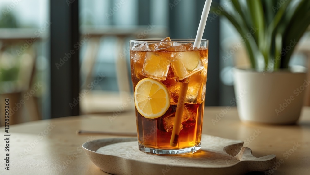 Poster refreshing iced tea with lemon and ice on a wooden table in bright cafe setting with space for text 