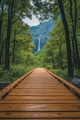 Obraz premium Wooden walkway leading to a scenic waterfall