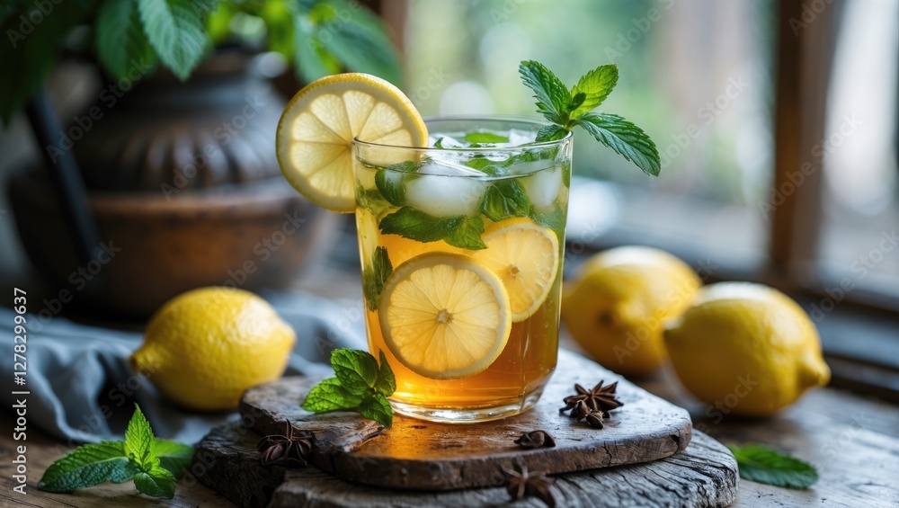 Poster freshly prepared ice lemon tea garnished with mint and lemon slices in a rustic setting with whole l