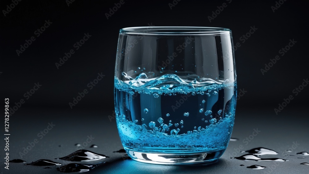 Poster glass of sparkling blue water with bubble textures isolated on black background with space for text 