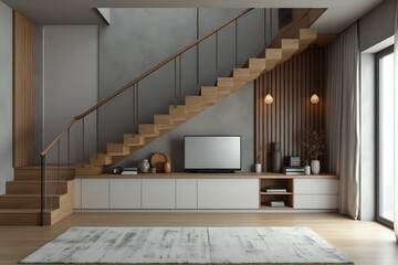 Luxury contemporary interior design in a multi storey home with sleek wooden stairs and custom cabinets under them for storage on grey background with copy space