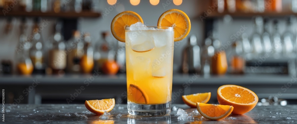 Poster refreshing citrus cocktail with ice in a glass surrounded by orange slices at a bar with blurred bac