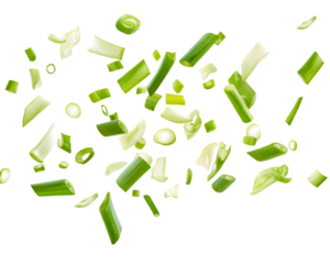 Floating pieces of chopped green onions on a transparent background.  The pieces vary in size and shape, creating a dynamic and vibrant image, PNG