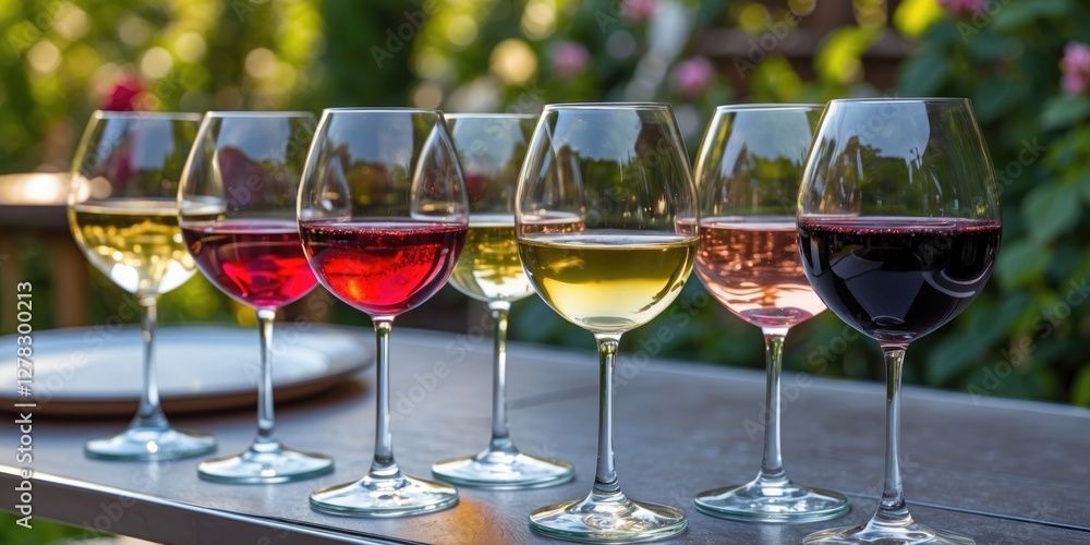 Poster glasses of assorted wines elegantly displayed on a table in a garden setting with space for text and