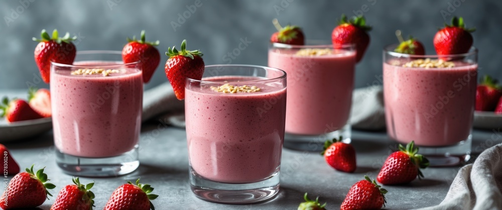 Poster strawberry smoothies garnished with fresh strawberries arranged elegantly on a table with a textured