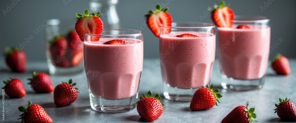 Poster strawberry smoothies in glasses surrounded by fresh berries on a table in a bright and inviting sett