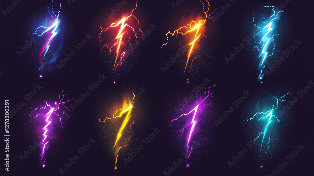 Poster set of lightnings game fill progress score or level elements, full and empty flash bolts, user ui or