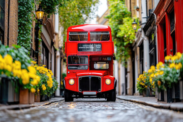 Obraz premium Minimalist urban scene featuring iconic classic london double decker bus on quaint cobblestone street surrounded by lush greenery and blooming flowers