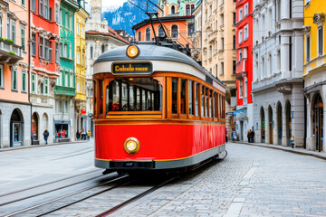 Classic red tram on quaint street with vibrant buildings in european city, featuring minimalist architecture and scenic urban landscape for travel promotion