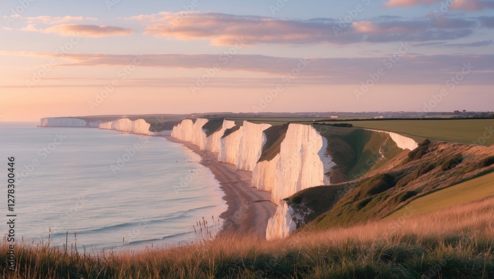 Poster pastel sunset over chalk cliffs with sea view on south coast and empty space for text ideal for trav