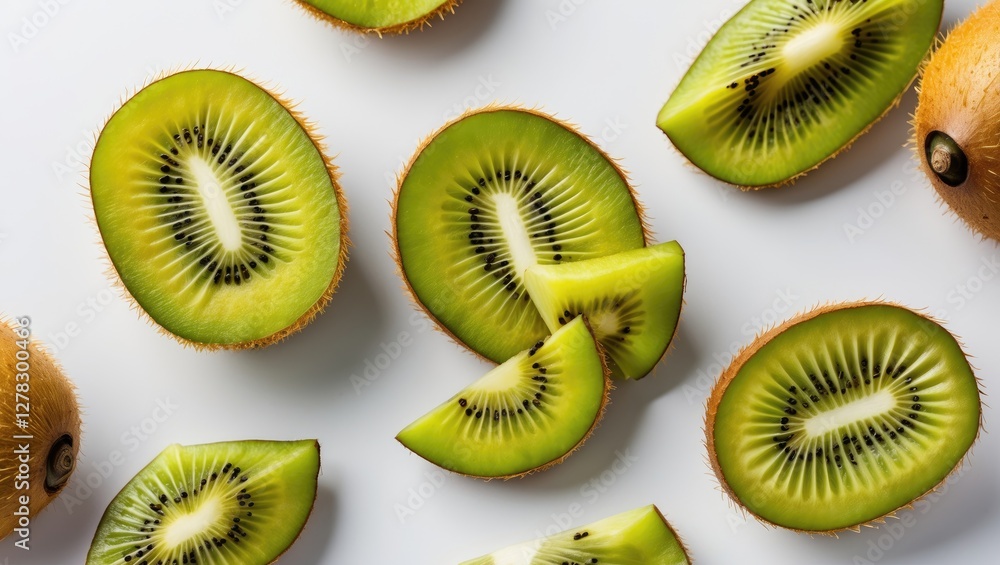 Aufkleber slices of golden kiwi displayed artistically on a white surface with space for text, highlighting th