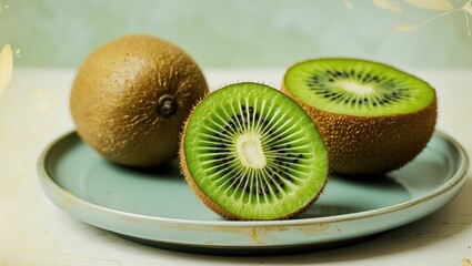 Fototapeta premium Golden Kiwi Fruit Slices and Whole Fruit on Light Blue Plate Against Soft Background Healthy Eating Concept Food Photography Top View