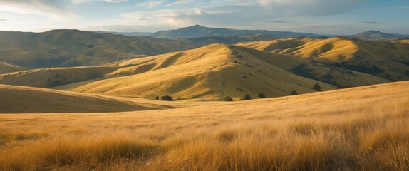 Golden Rolling Hills Covered with Lush Golden Grass Under a Blue Sky with Soft Clouds