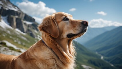Golden Retriever Admiring Scenic Mountain View with Majestic Landscape in Background