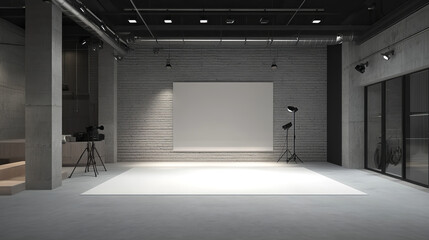 Photo studio room interior with white paper backdrop on tripod holders, professional spot light with softbox, grey brick wall and floor. Realistic 3d vector mockup of photographer setup with equipment