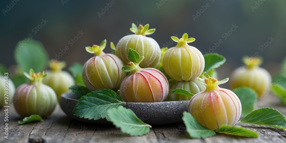 Poster freshly harvested gooseberries arranged in a rustic bowl with green leaves on a wooden table, featur