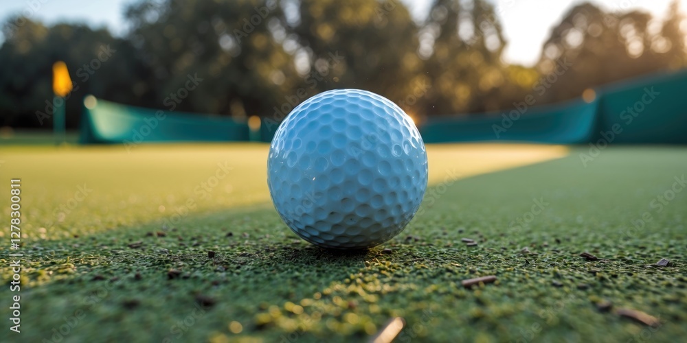 Poster Golf ball resting on driving range turf with blurred background and ample space for adding text or branding elements.