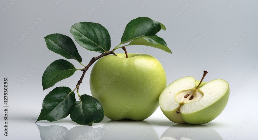 Poster fresh granny smith apple with leaves on glossy surface and sliced half displaying crisp texture and 