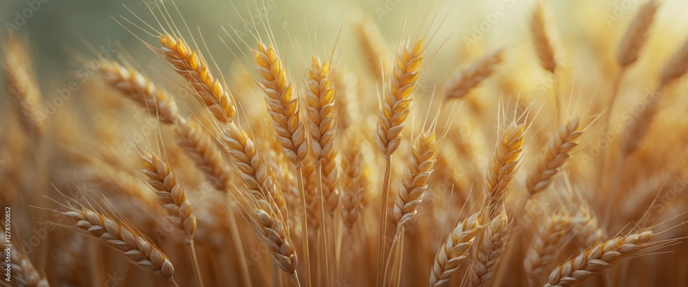 Aufkleber close-up of golden wheat ears against a soft blurred background showcasing selective focus and a low