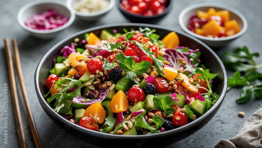 Poster vibrant fresh salad bowl with colorful ingredients and empty space for custom text or branding
