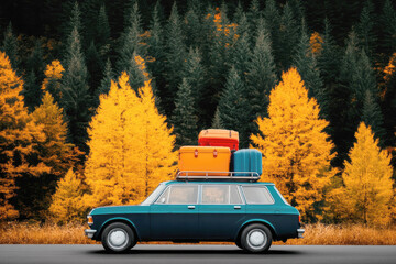Fototapeta premium Minimalist autumn journey with dark blue station wagon in scenic forest for travel inspiration