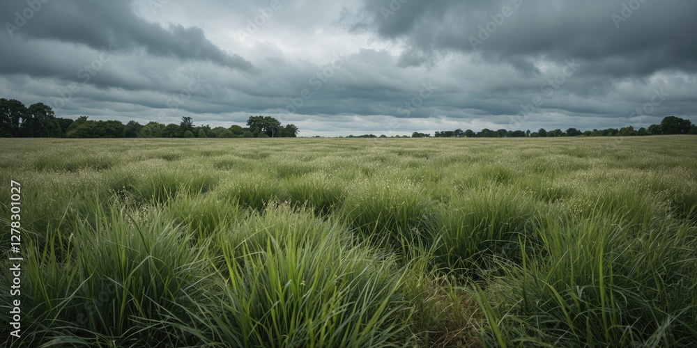 Poster lush green grass field under dramatic cloudy sky with ample space for adding text or branding elemen