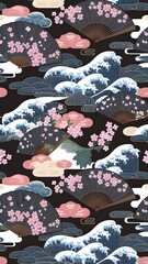 Charming Japanese motif with seamless clouds, waves, plum blossoms, sakura flowers, traditional fans, and a serene landscape featuring mountains, a bridge, and a temple.