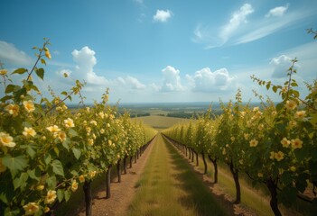 Naklejka premium Picturesque vineyard with lush green grapevines and yellow flowers under a clear sky
