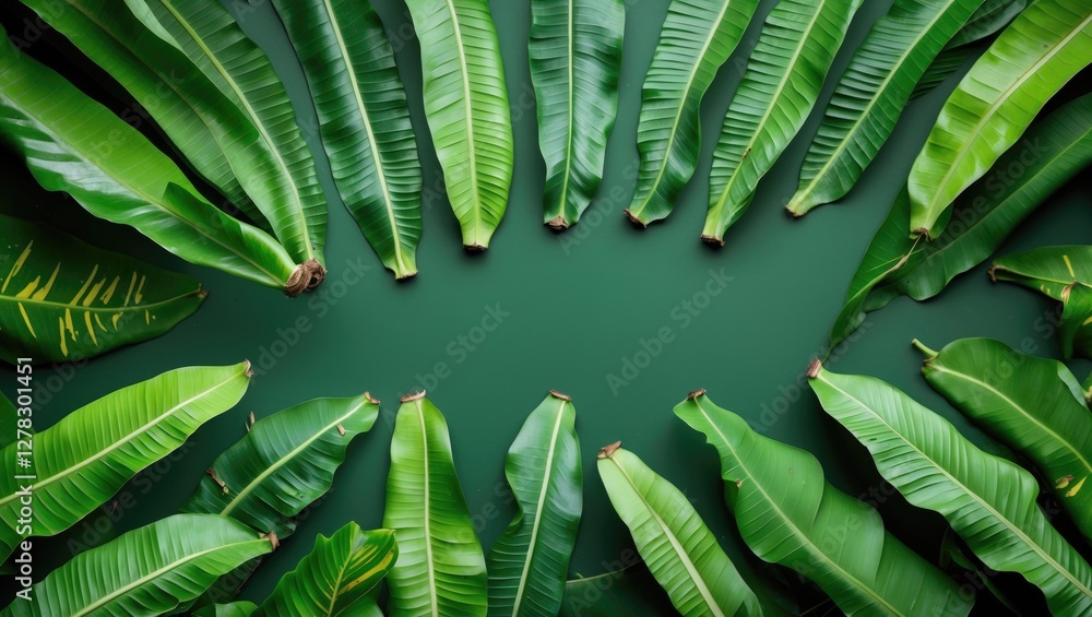 Poster lush green banana leaves forming natural frame offering space for text and design elements in a trop