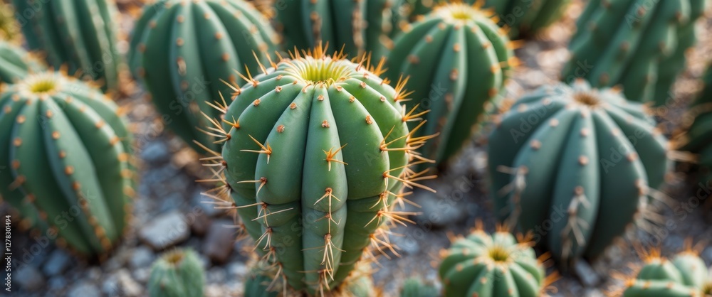 Poster closeup of green thorny cactus in desert setting with hexagonal shapes and natural sunlight ideal fo