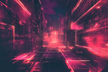 abstract digital landscape with neon grid lines, floating geometric shapes, cyberpunk atmosphere