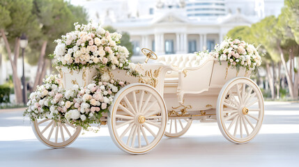  An Elegant Horse-Drawn Carriage Adorned With Intricate Details And Flower Arrangements