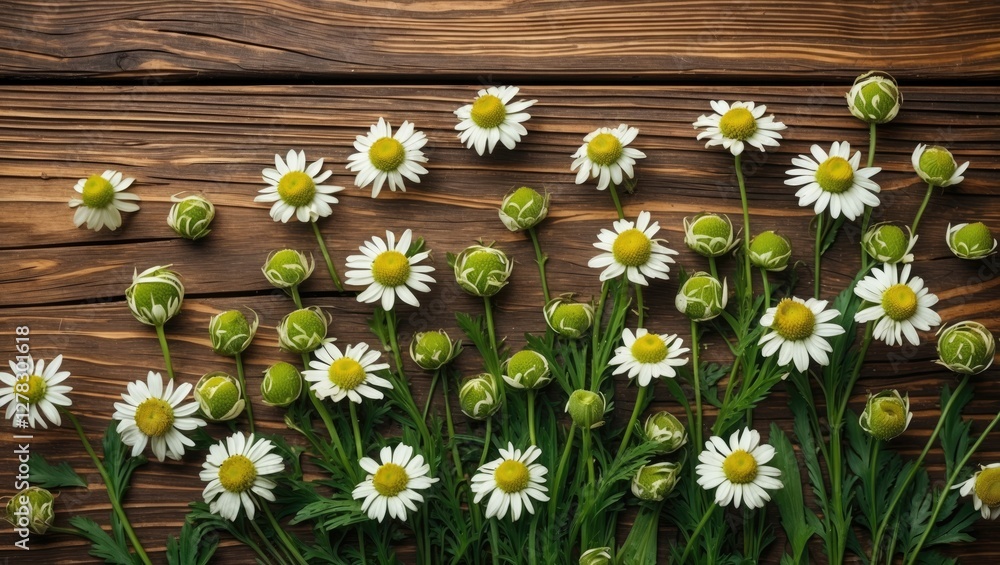 Poster chamomile flowers on rustic wooden background with space for text or branding in floral design and n