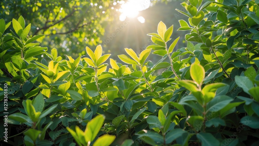 Poster sunlit green foliage with soft bokeh background and space for text in natural outdoor setting