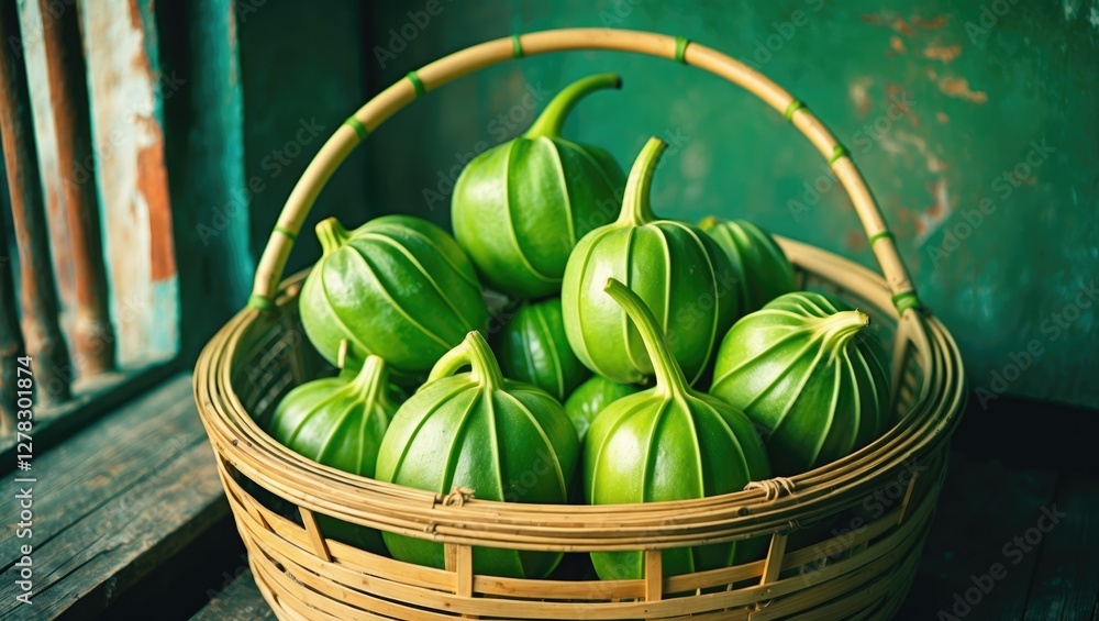 Poster fresh green chayote in bamboo basket on rustic surface with blank space for text and culinary uses
