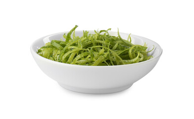 Lime zest in bowl isolated on white