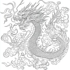 Intricate Line Art of a Majestic Asian Dragon Amidst Swirling Clouds