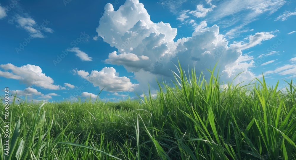 Poster Lush Green Grass Underneath Bright Blue Sky with Fluffy White Clouds Displaying a Serene Summer Landscape