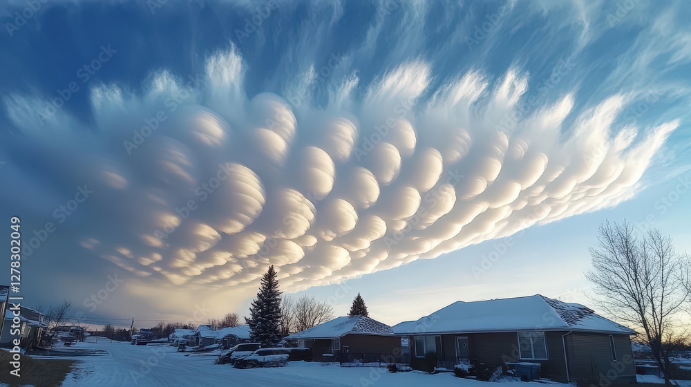 Poster a curious cloud pattern resembling a chain of pearls across the sky, each fluffy, round cloud perfec