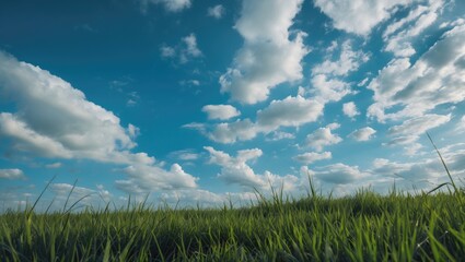 Lush Green Grass Under Clear Blue Sky Filled With Fluffy White Clouds Creating A Serene Natural Landscape Atmosphere