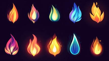 A vibrant collection of colorful flame designs, showcasing a range of textures and hues from orange to blue on a dark background.