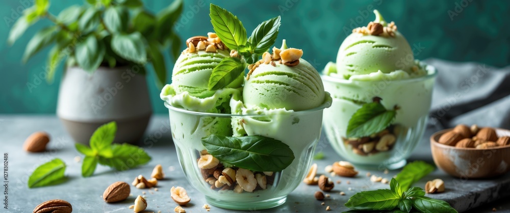Poster refreshing green ice cream topped with basil mint nuts served in clear bowls on a rustic table with 