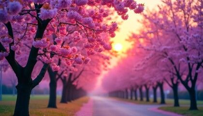 Dreamy avenue of flowering trees, pink petals, and soft sunlight in this magical, tranquil, scenic, and captivating springtime scenery.